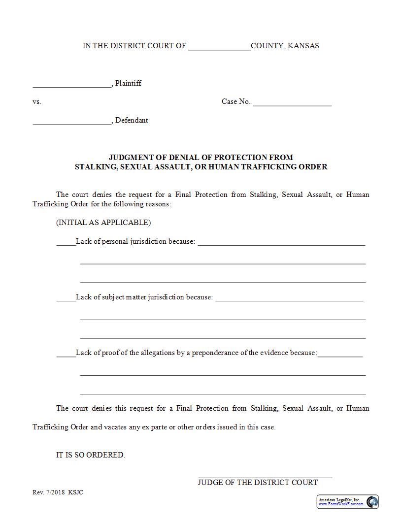 Judgment Of Denial Of Protection From Stalking Or Sexual Assault Order | Pdf Fpdf Docx | Kansas