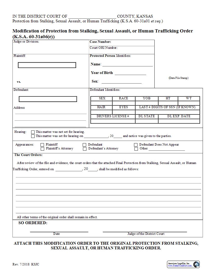 Modification Of Protection From Stalking Or Sexual Assault Order | Pdf Fpdf Docx | Kansas