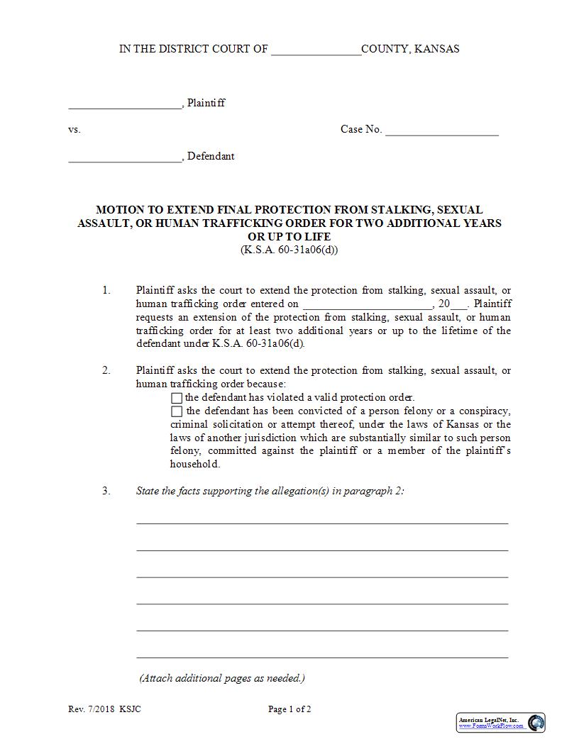 Motion To Extend Stalking PO For Two Additional Years Or More | Pdf Fpdf Docx | Kansas