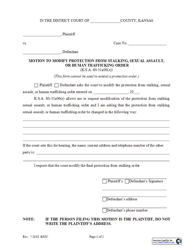 Motion To Modify Protection From Stalking Or Sexual Assault Order | Pdf Fpdf Docx | Kansas