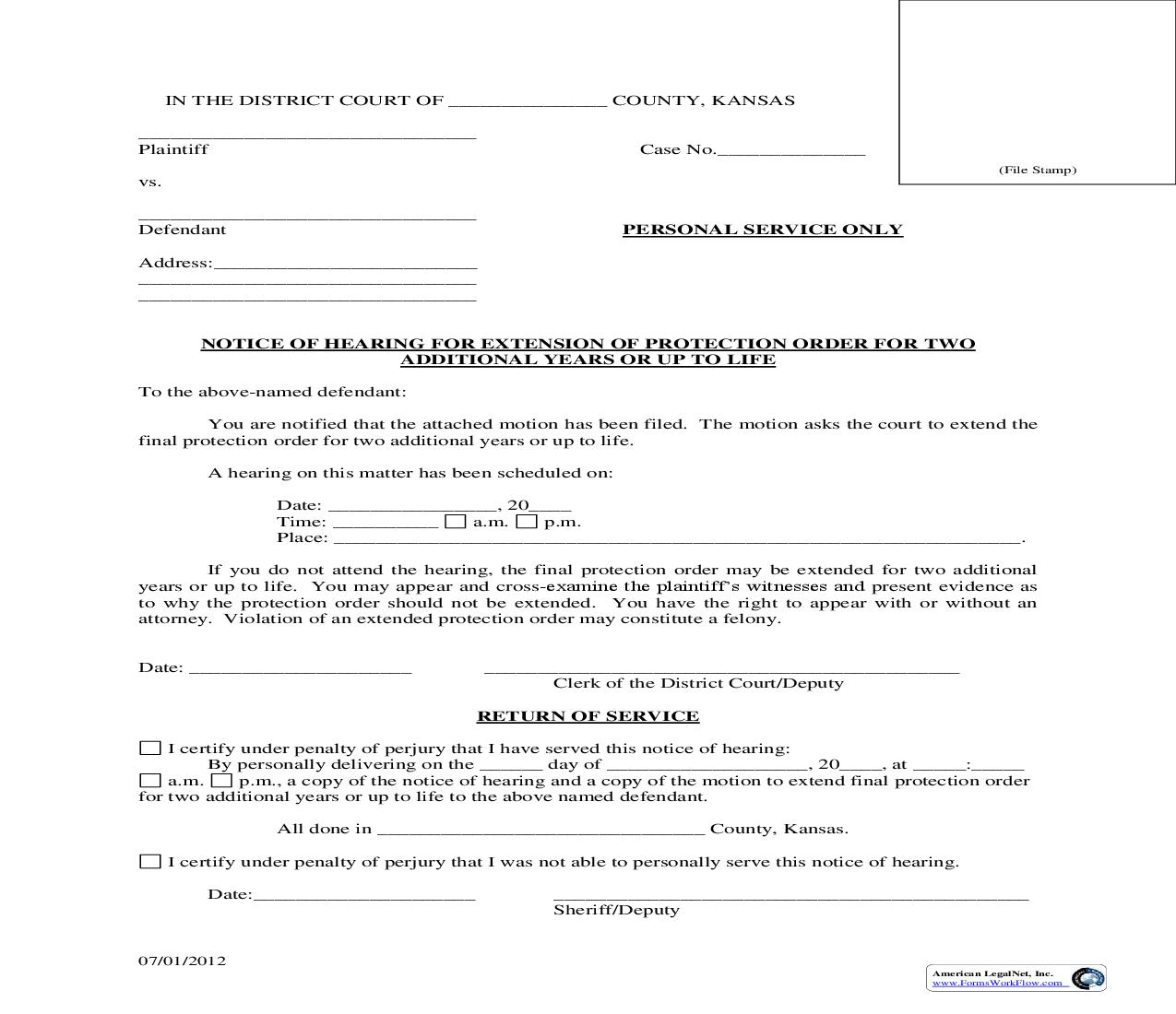 Notice Of Hearing For Extension Of Protection Order For Two Years To Life | Pdf Fpdf Doc Docx | Kansas