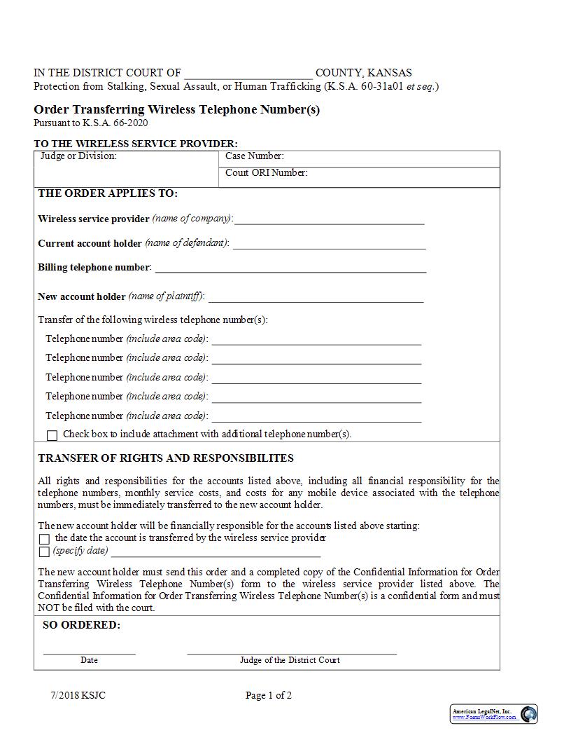 Order Transferring Wireless Phone Number | Pdf Fpdf Docx | Kansas