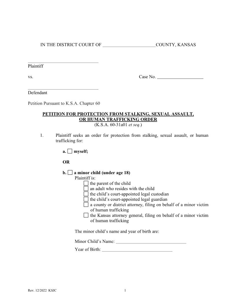 Petition For Protection From Stalking Or Sexual Assault Order | Pdf Fpdf Docx | Kansas