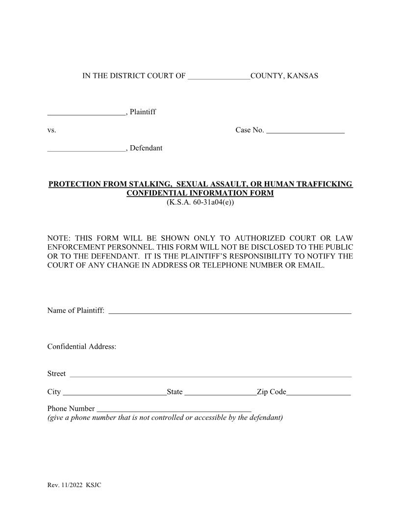 Protection From Stalking Confidential Information Form | Pdf Fpdf Docx | Kansas
