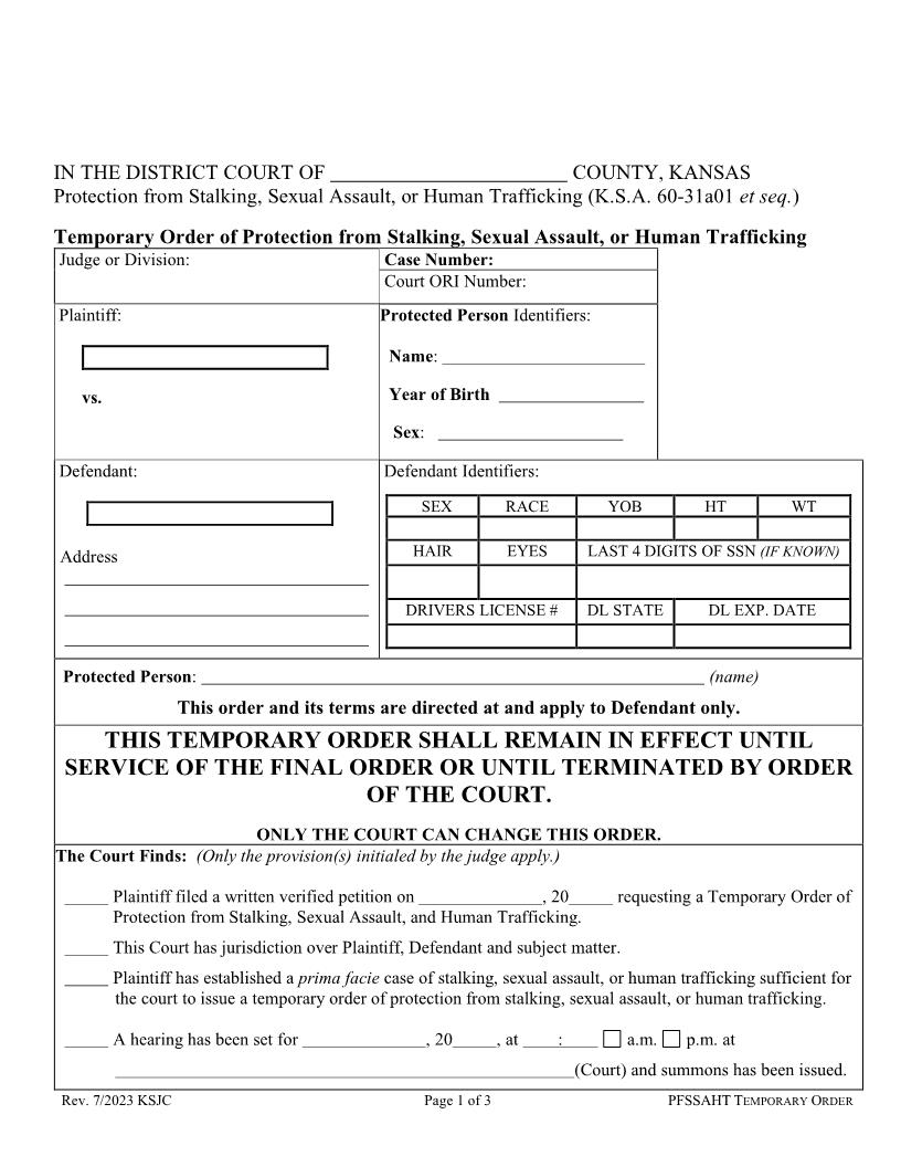 Temporary Order Of Protection From Stalking Or Sexual Assault | Pdf Fpdf Docx | Kansas