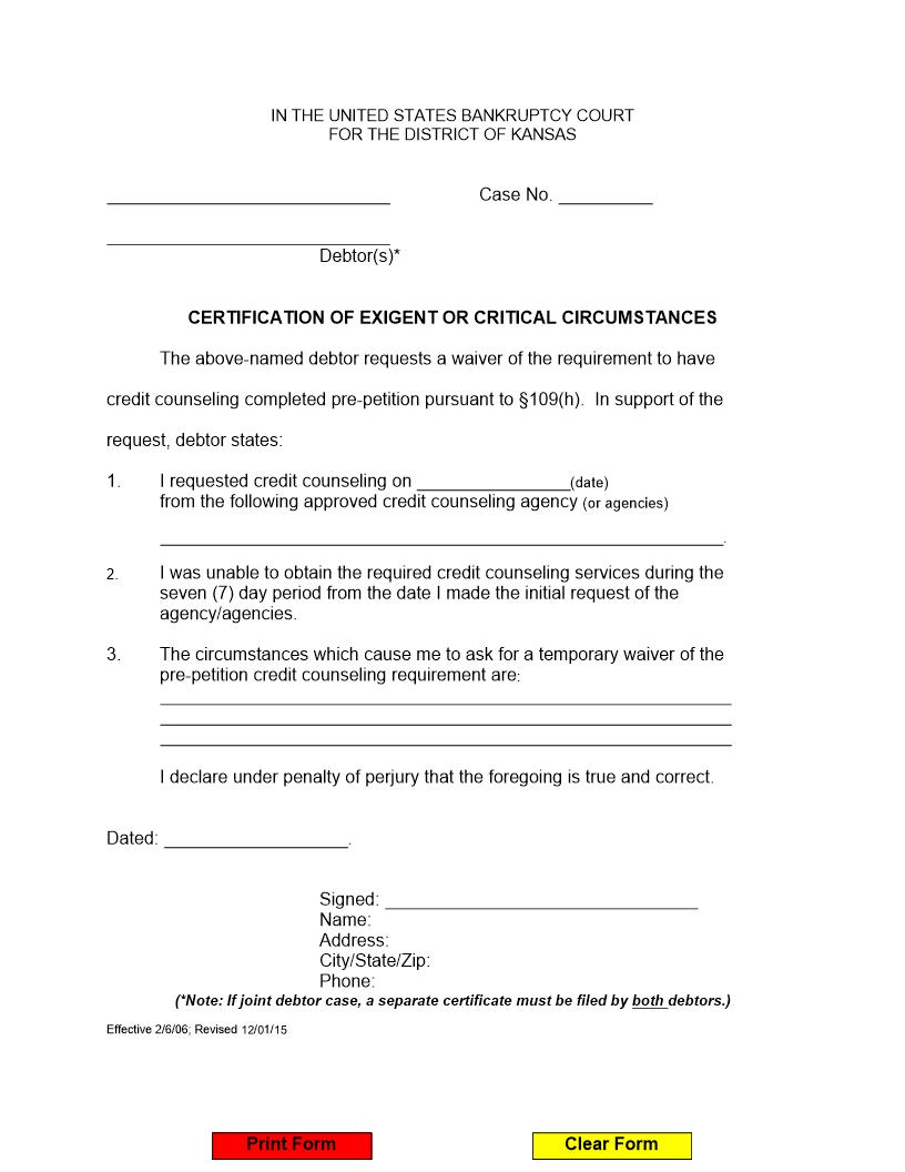 Certification Of Exigent Or Critical Circumstances | Pdf Fpdf Doc Docx | Kansas