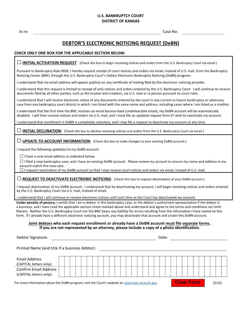 Debtors Electronic Noticing Request (DeBN) | Pdf Fpdf Docx | Kansas