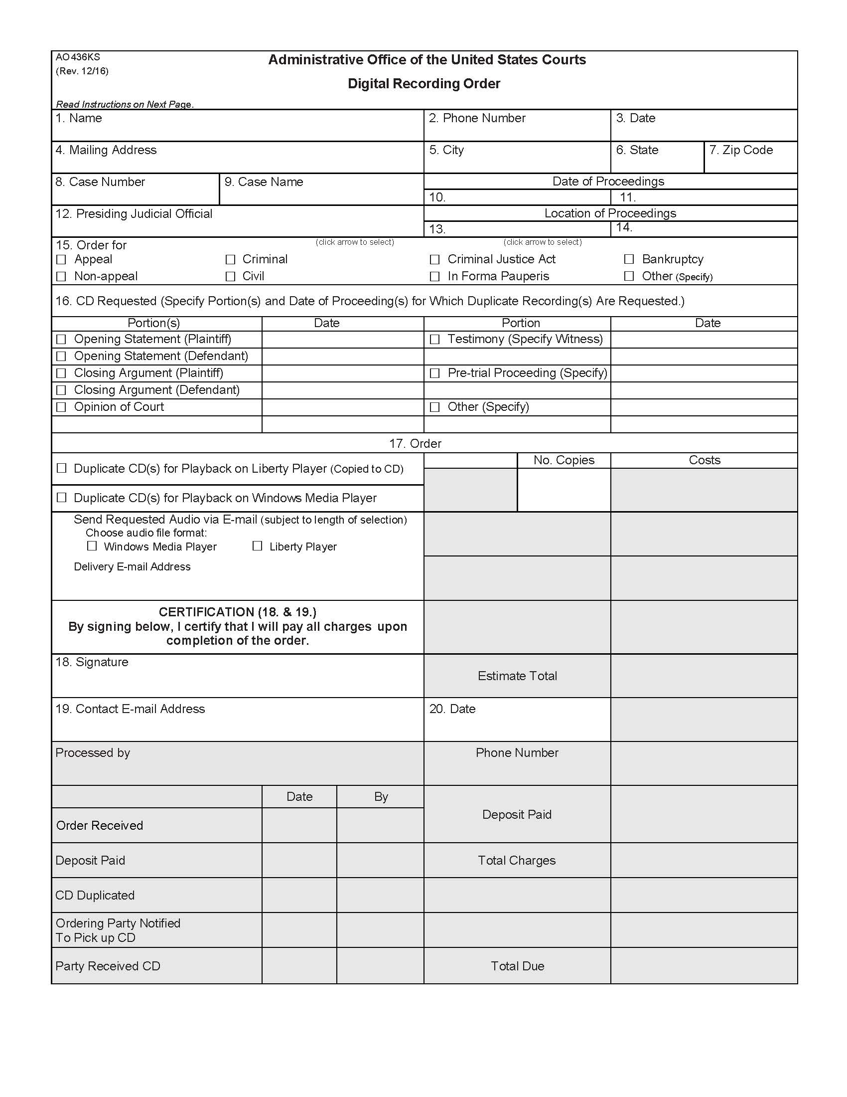 Digital Recording Order {AO 436KS} | Pdf Fpdf Docx | Kansas