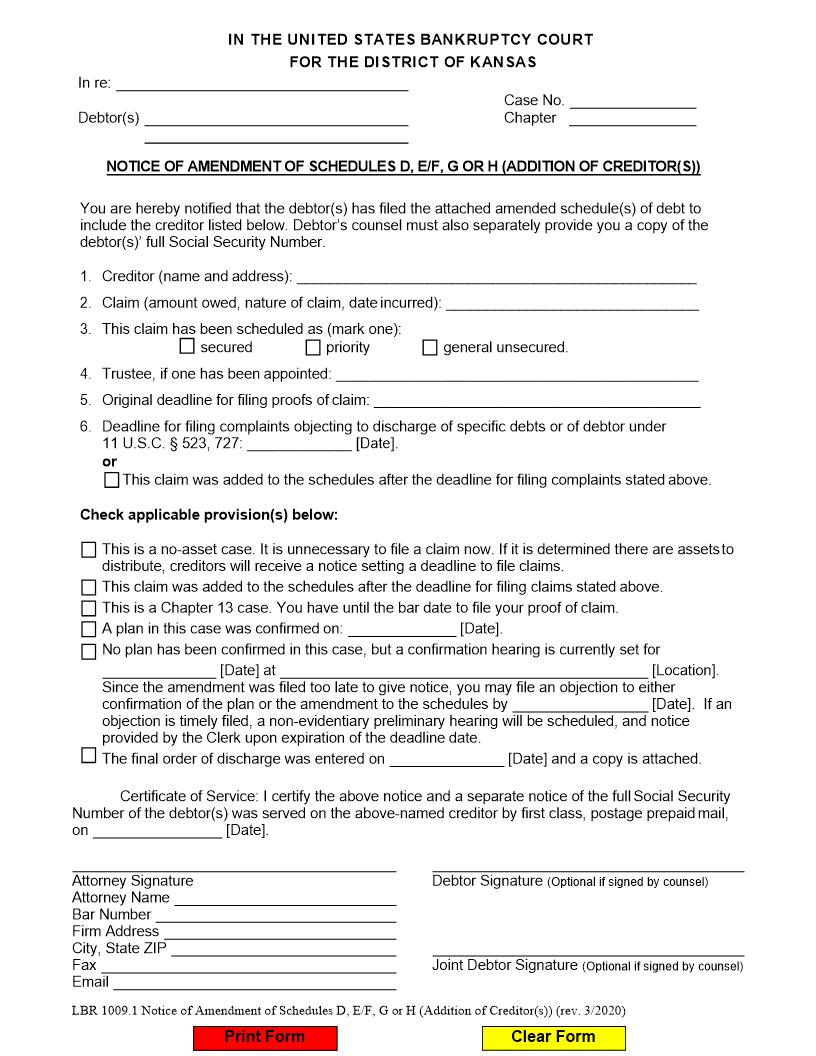 Notice Of Amendment of Schedules | Pdf Fpdf Doc Docx | Kansas