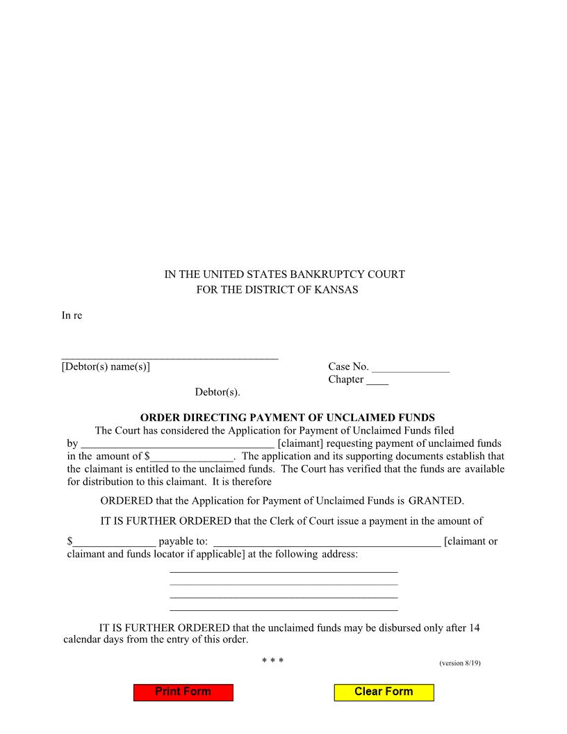 Order To Pay Unclaimed Funds | Pdf Fpdf Docx | Kansas