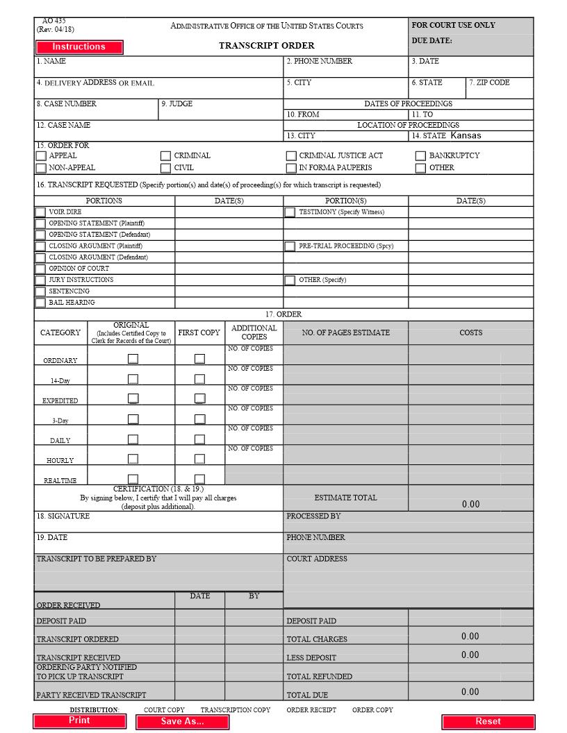 Transcript Order {AO 435KS} | Pdf Fpdf Docx | Kansas
