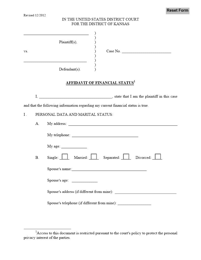 Affidavit Of Financial Status | Pdf Fpdf Docx | Kansas