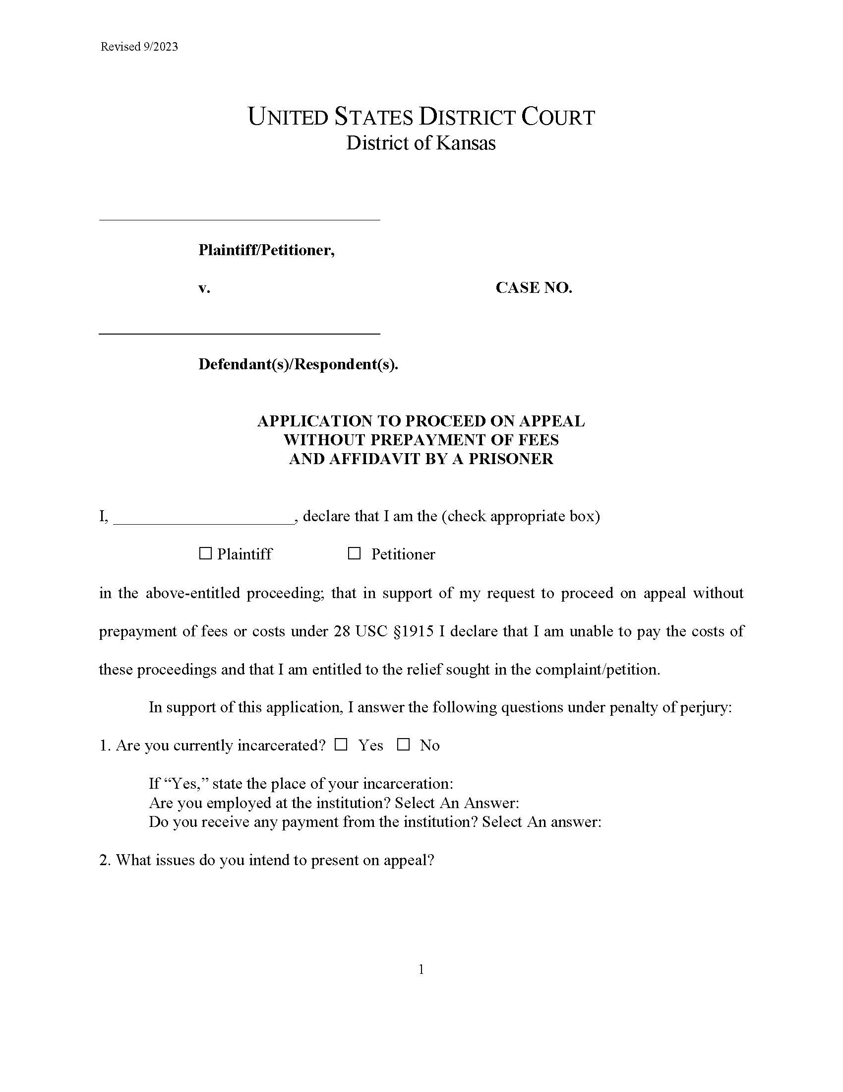 Application To Proceed Without Prepayment Of Fees And Affidavit By A Prisoner | Pdf Fpdf Doc Docx | Kansas