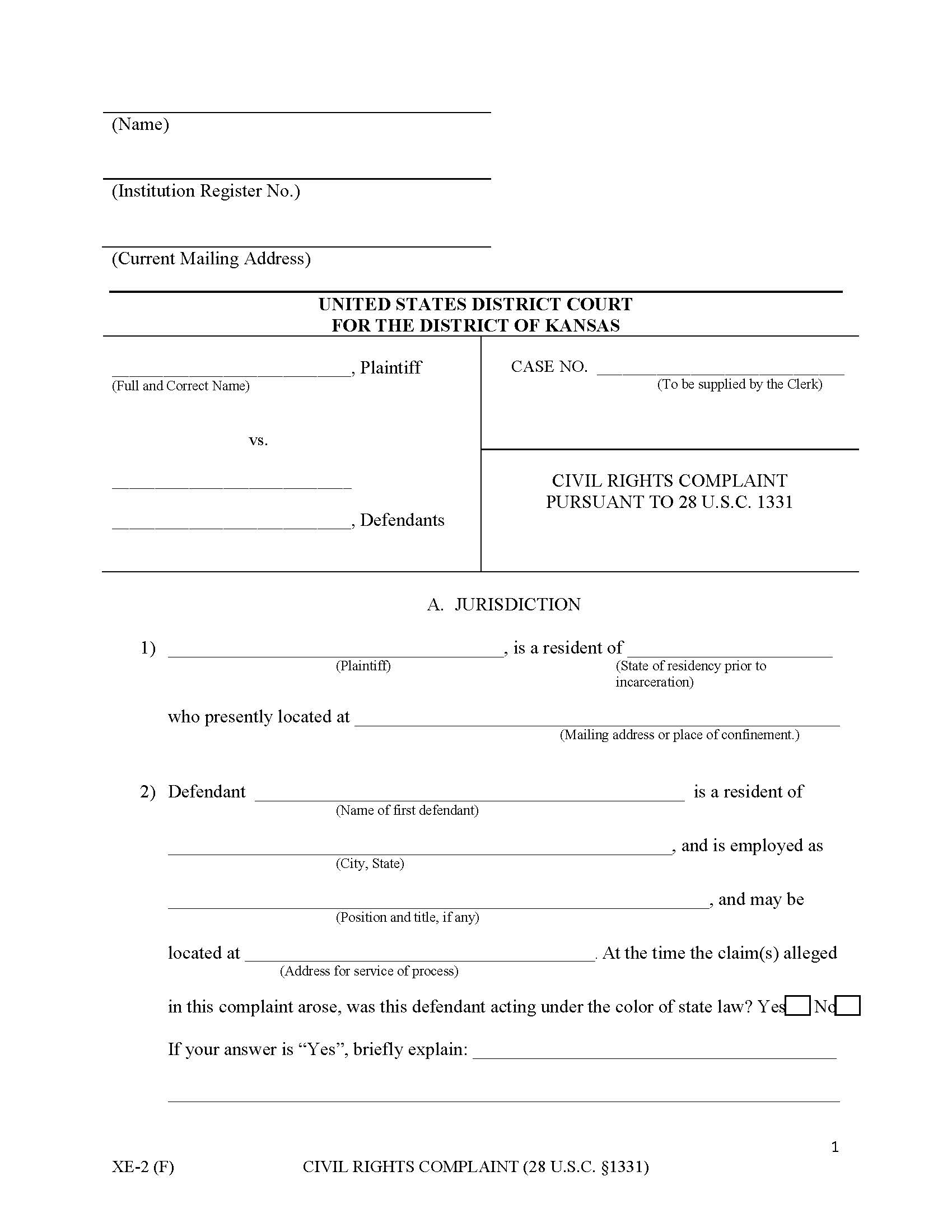 Civil Rights Complaint Pursuant To 28 USC Section 1331 | Pdf Fpdf Doc Docx | Kansas