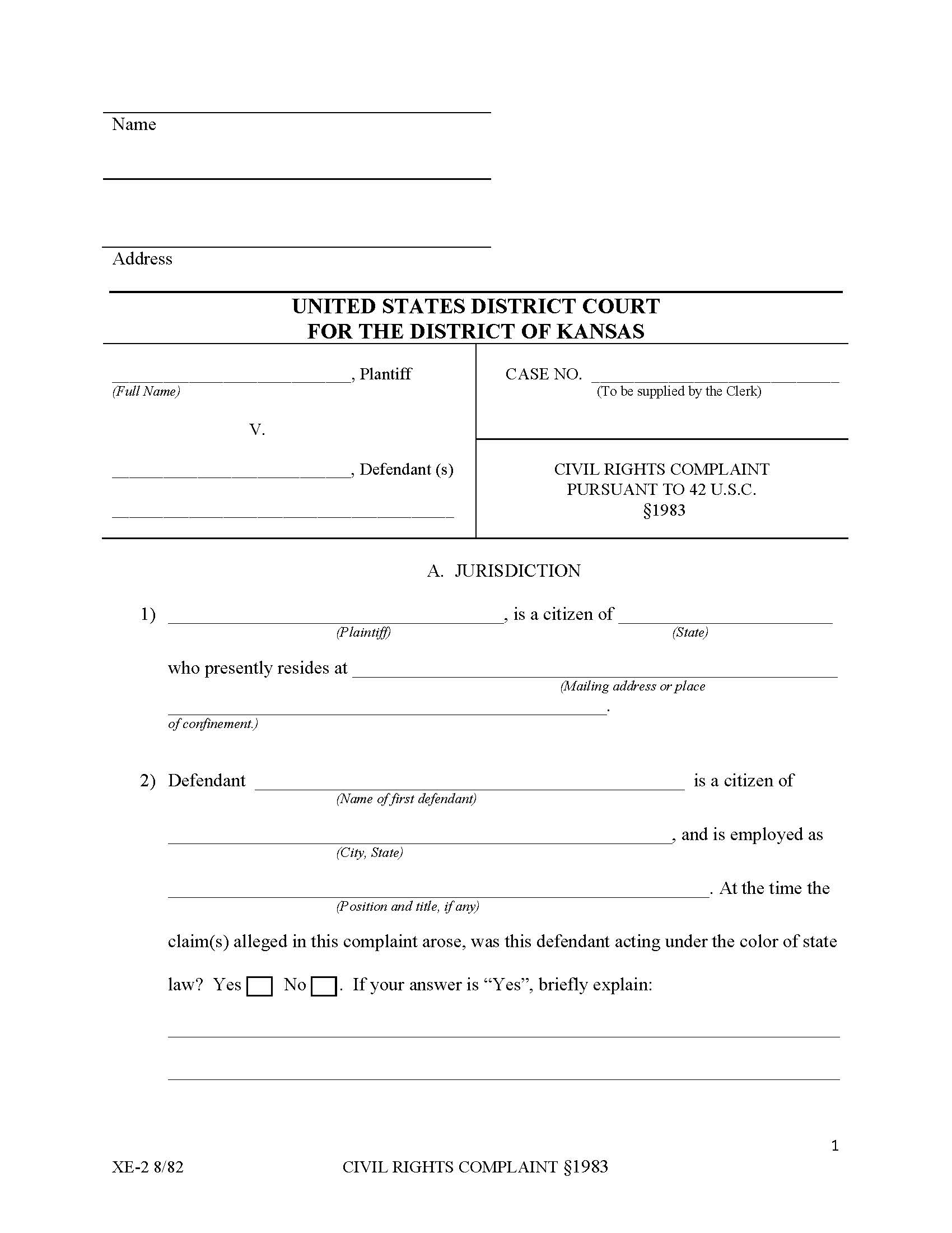 Civil Rights Complaint Pursuant To 42 USC 1983 | Pdf Fpdf Docx | Kansas