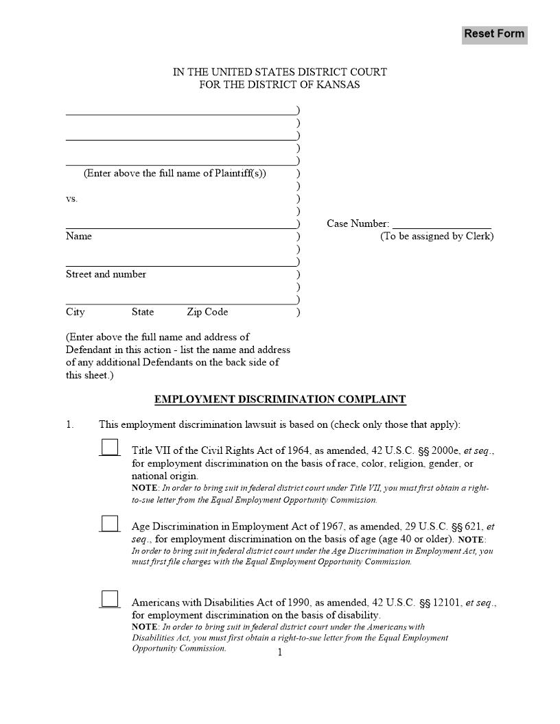 Employment Discrimination Complaint | Pdf Fpdf Docx | Kansas