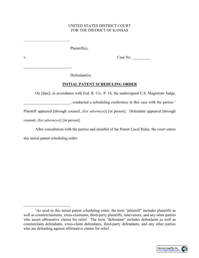Initial Patent Scheduling Order | Pdf Fpdf Docx | Kansas