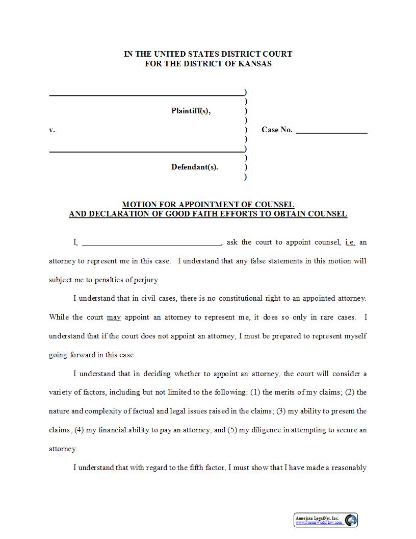 Motion For Appointment Of Counsel | Pdf Fpdf Docx | Kansas