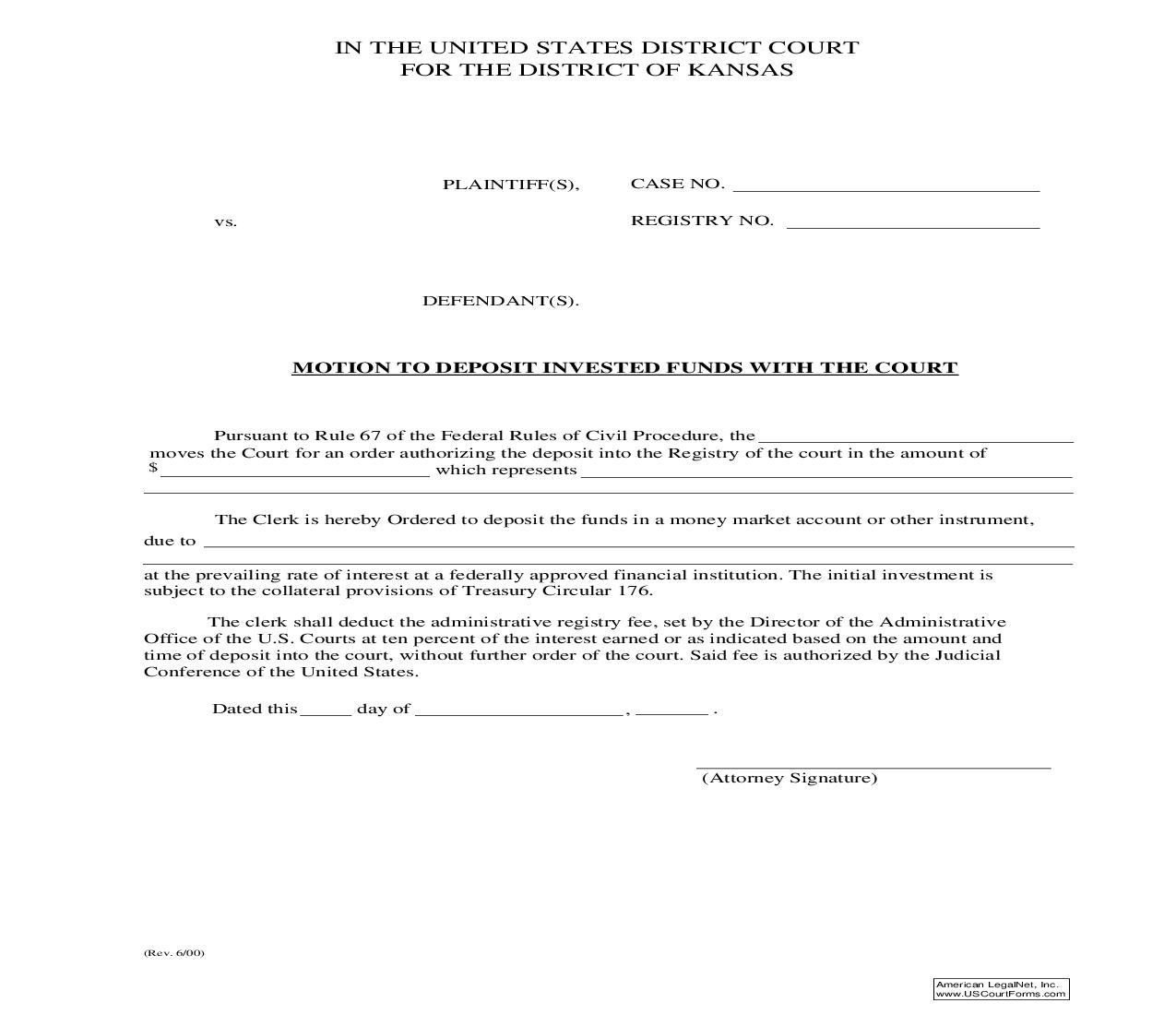 Motion To Deposit Invested Funds With The Court | Pdf Fpdf Doc Docx | Kansas