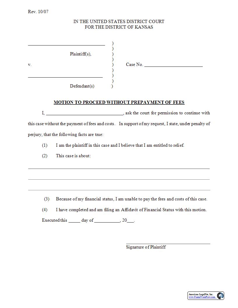 Motion To Proceed Without Prepayment Of Fees | Pdf Fpdf Docx | Kansas