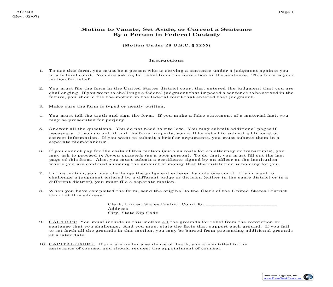 Motion To Vacate-Set Aside Or Correct A Sentence (Federal Custody) | Pdf Fpdf Doc Docx | Kansas