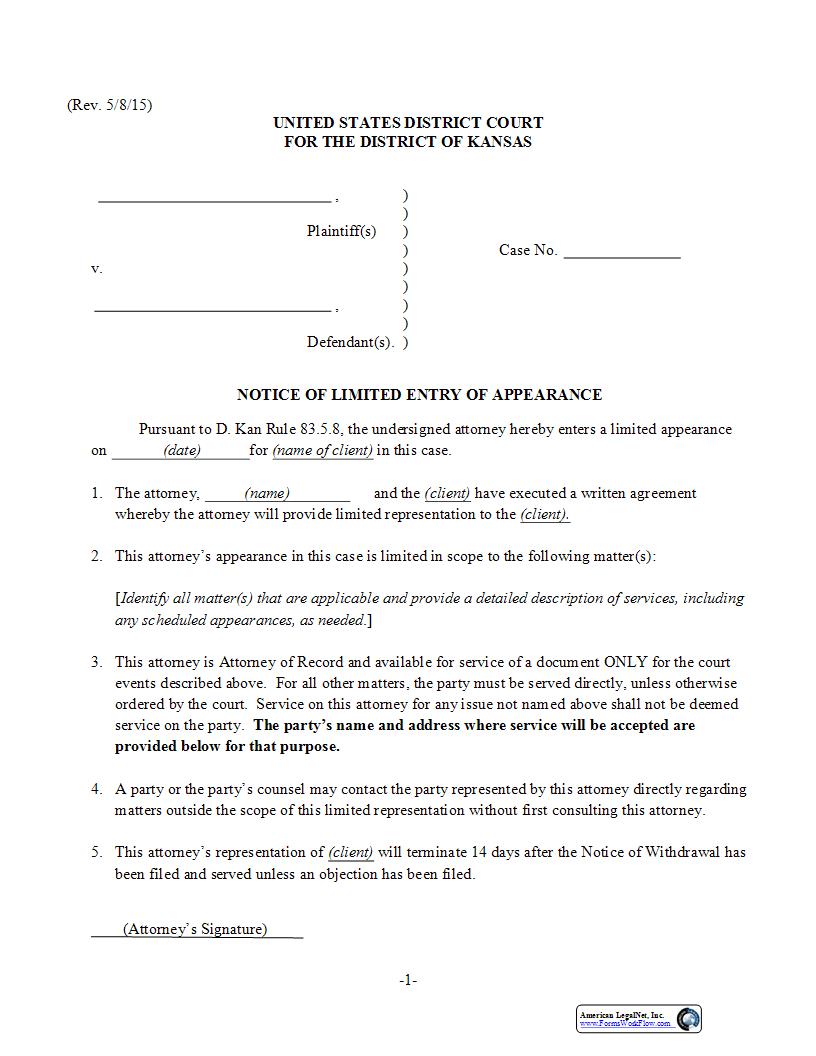 Notice Of Limited Entry Of Appearance | Pdf Fpdf Docx | Kansas