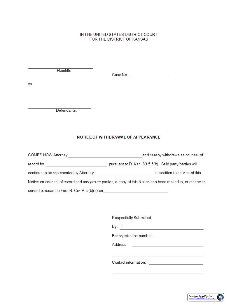 Notice Of Withdrawal Of Appearance | Pdf Fpdf Docx | Kansas