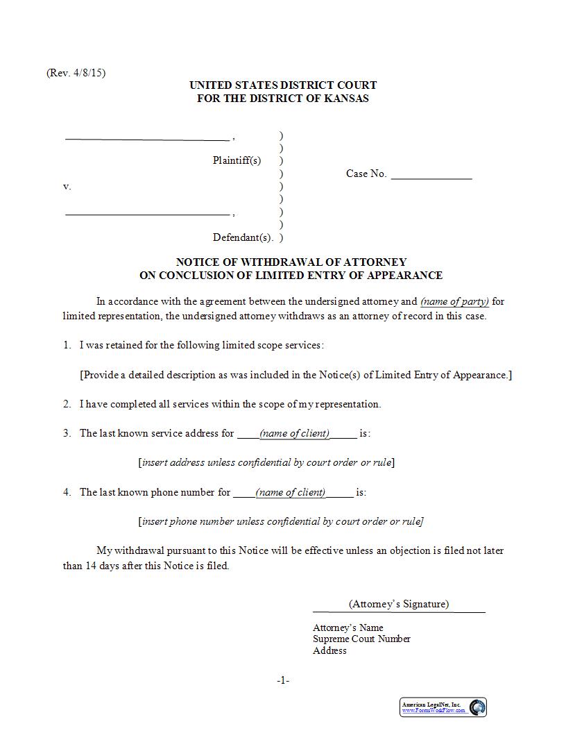 Notice Of Withdrawal Of Attorney On Conclusion Of Limited Appearance | Pdf Fpdf Docx | Kansas