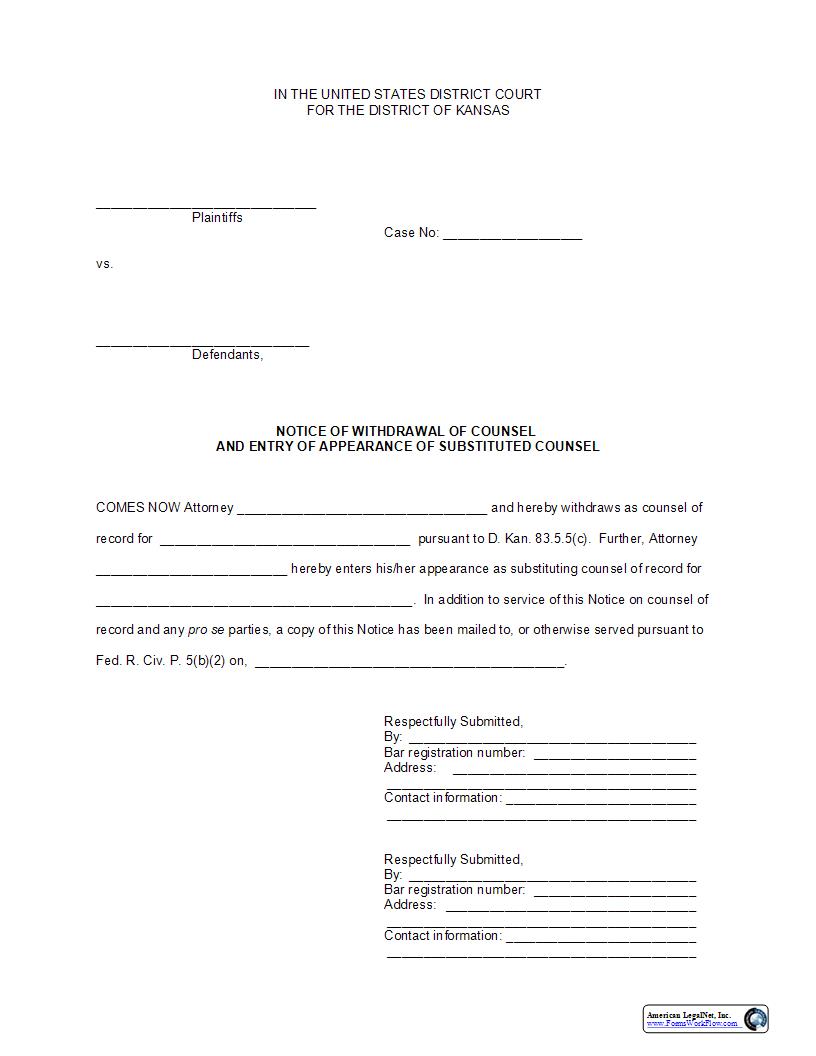 Notice Of Withdrawal Of Counsel And Entry Of Substituted Counsel | Pdf Fpdf Docx | Kansas