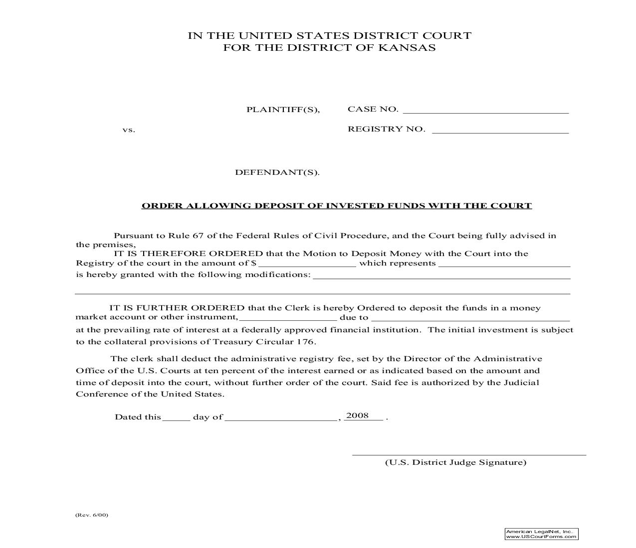 Order Allowing Deposit Of Invested Funds With The Court | Pdf Fpdf Doc Docx | Kansas