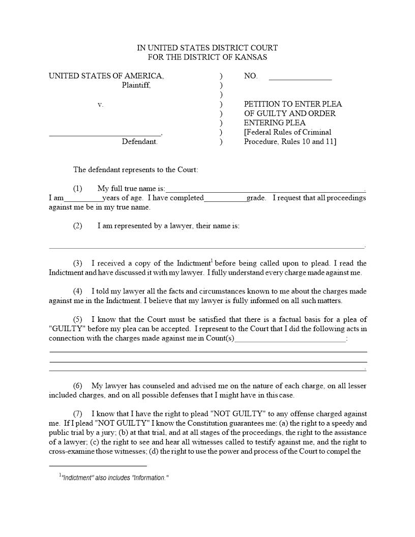 Petition And Order To Enter Plea Of Guilty | Pdf Fpdf Docx | Kansas