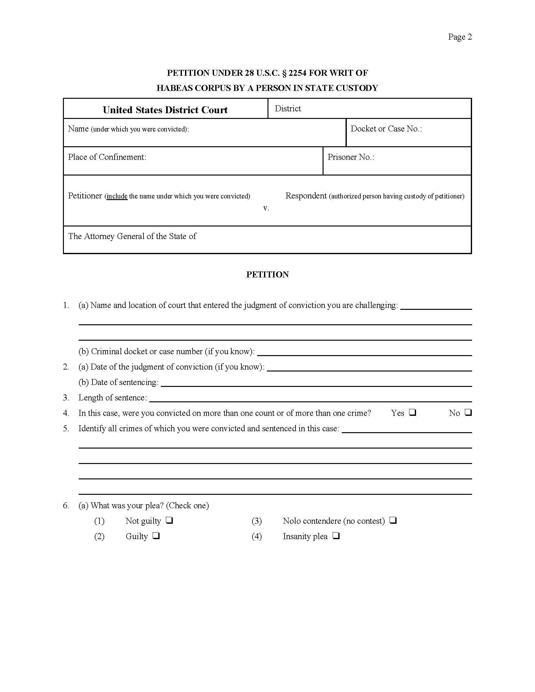 Petition For Relief From A Conviction Or Sentence By A Person In State Custody | Pdf Fpdf Doc Docx | Kansas