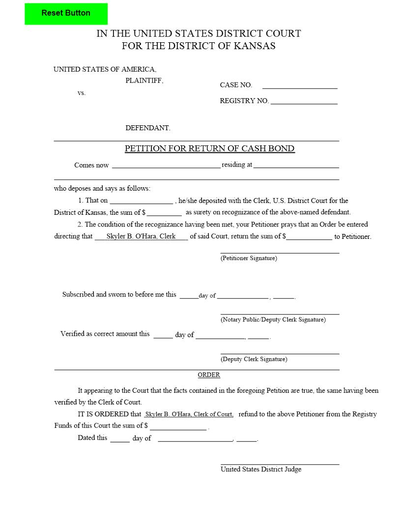 Petition For Return Of Cash Bond | Pdf Fpdf Docx | Kansas