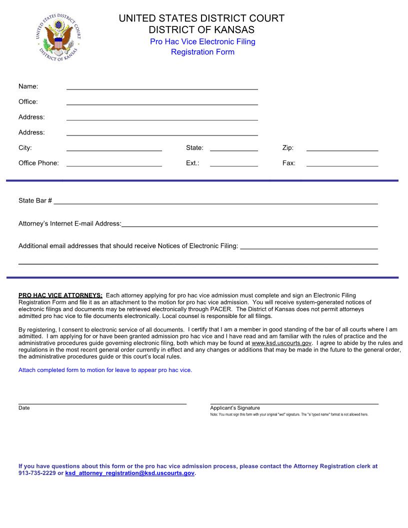 Pro Hac Vice Electronic Filing Registration | Pdf Fpdf Docx | Kansas
