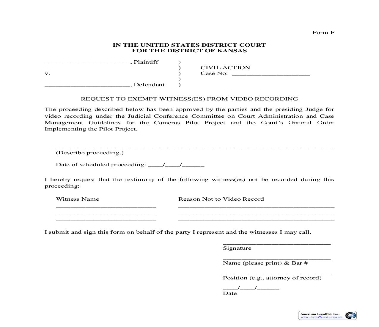 Request To Exempt Witness(es) From Video Recording | Pdf Fpdf Doc Docx | Kansas
