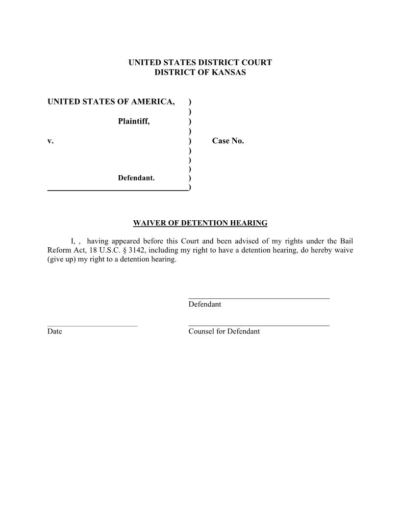 Waiver Of Dentention Hearing On Complaint | Pdf Fpdf Docx | Kansas