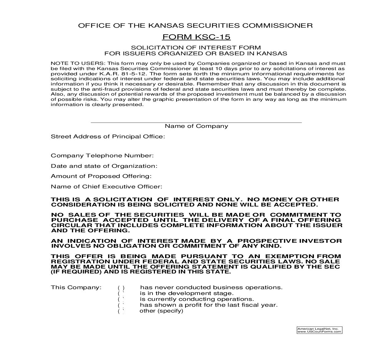 Solicitation Of Interest Form For Issuers Organized Or Based In Kansas {KSC-15} | Pdf Fpdf Doc Docx | Kansas