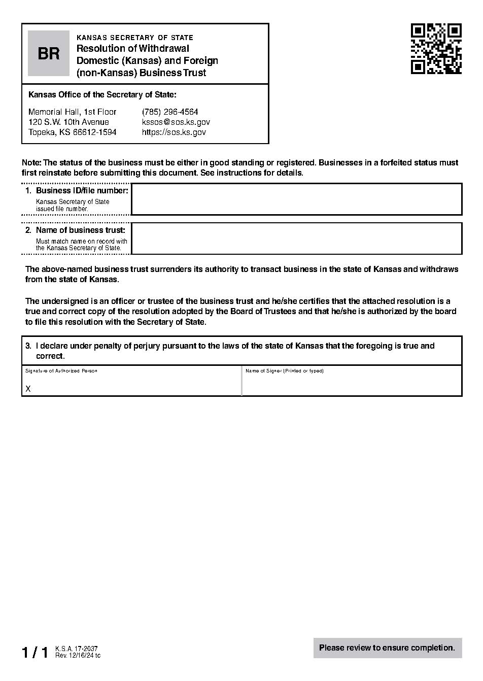 Business Trust Resolution Of Withdrawal {BR 53-04} | Pdf Fpdf Docx | Kansas