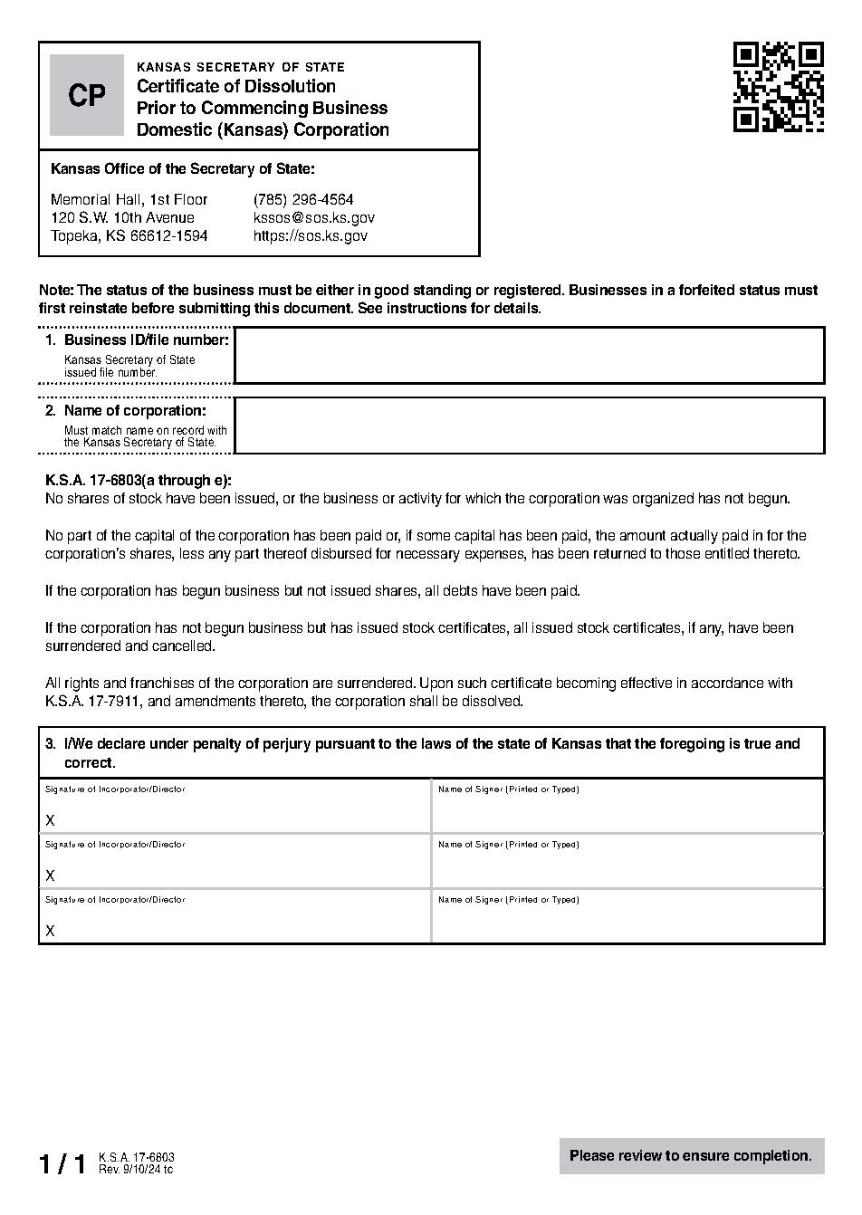 Certificate Of Dissolution Prior To Commencing Business {CP 53-01} | Pdf Fpdf Docx | Kansas
