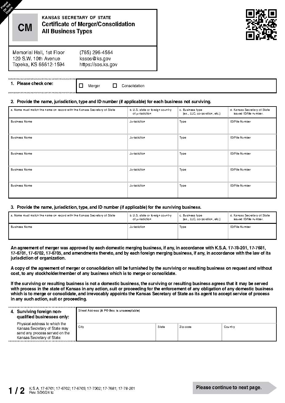 Certificate Of Merger Consolidation All Business Type {CM} | Pdf Fpdf Docx | Kansas