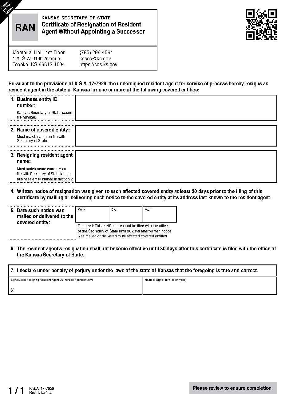 Certificate Of Resignation Of Resident Agent Without Appointing Successor {RAN 53-17} | Pdf Fpdf Docx | Kansas