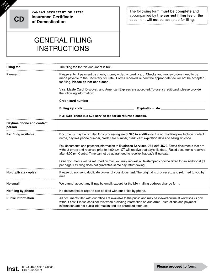 Insurance Certificate Of Domestication {CD 53-57} | Pdf Fpdf Docx | Kansas