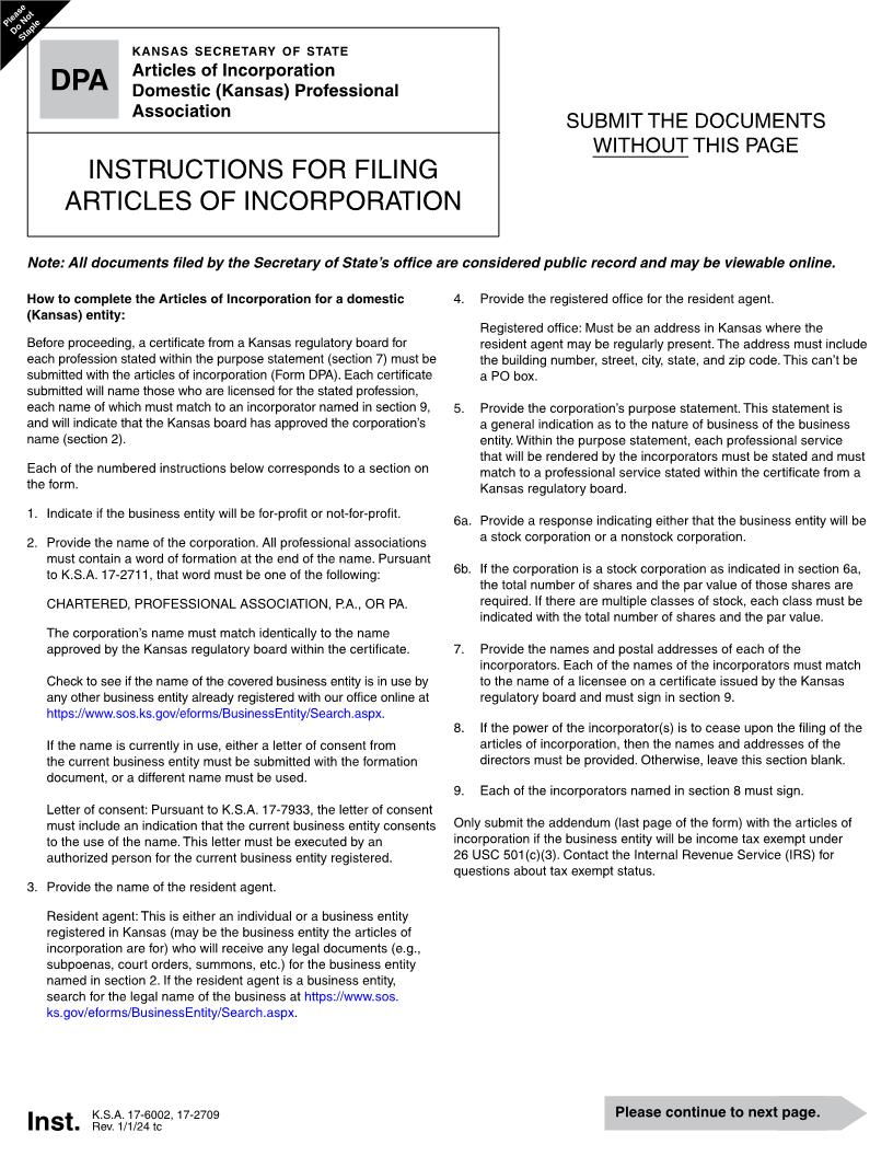 Professional Association Articles Of Incorporation {DPA} | Pdf Fpdf Docx | Kansas