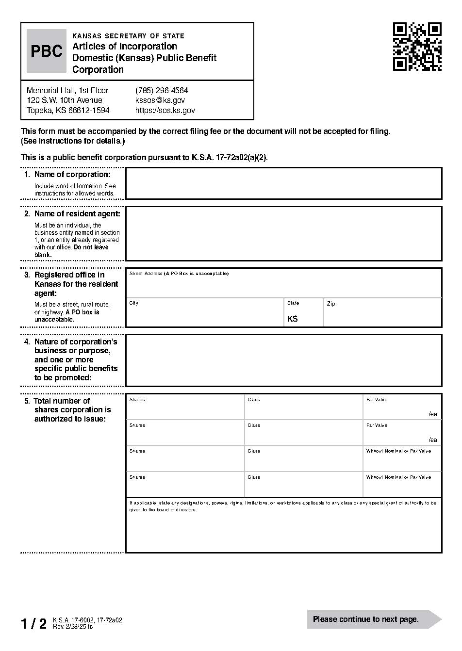 Public Benefit Articles of Incorporation {PBC} | Pdf Fpdf Docx | Kansas