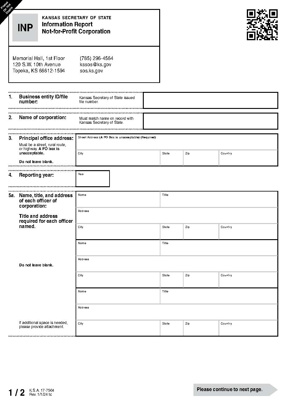 Information Report Not For Profit Corporation {INP} | Pdf Fpdf Docx | Kansas