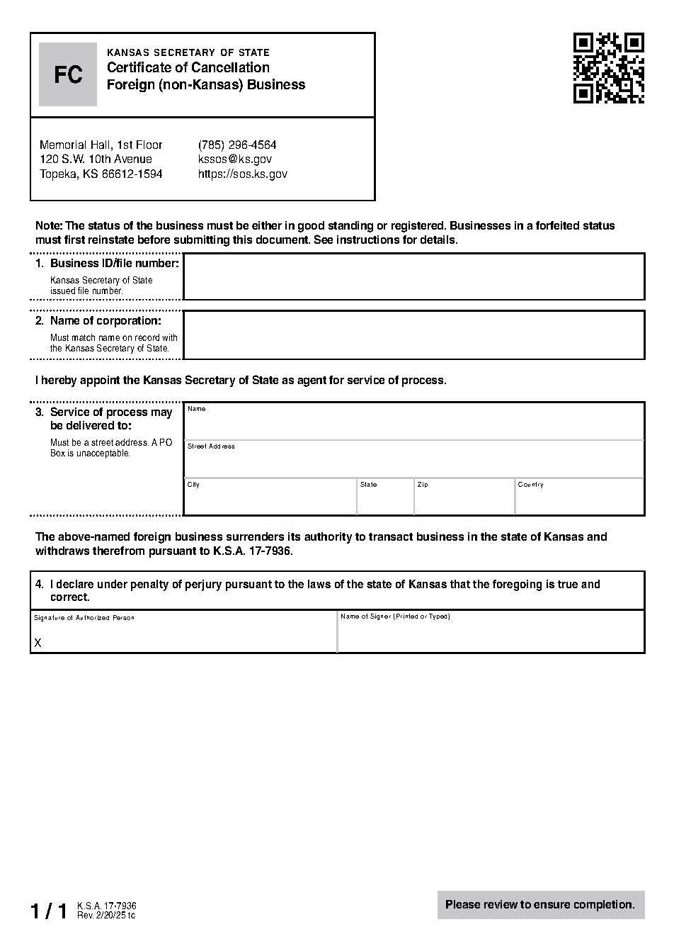 Certificate Of Cancellation Of Foreign Entity {FC} | Pdf Fpdf Docx | Kansas