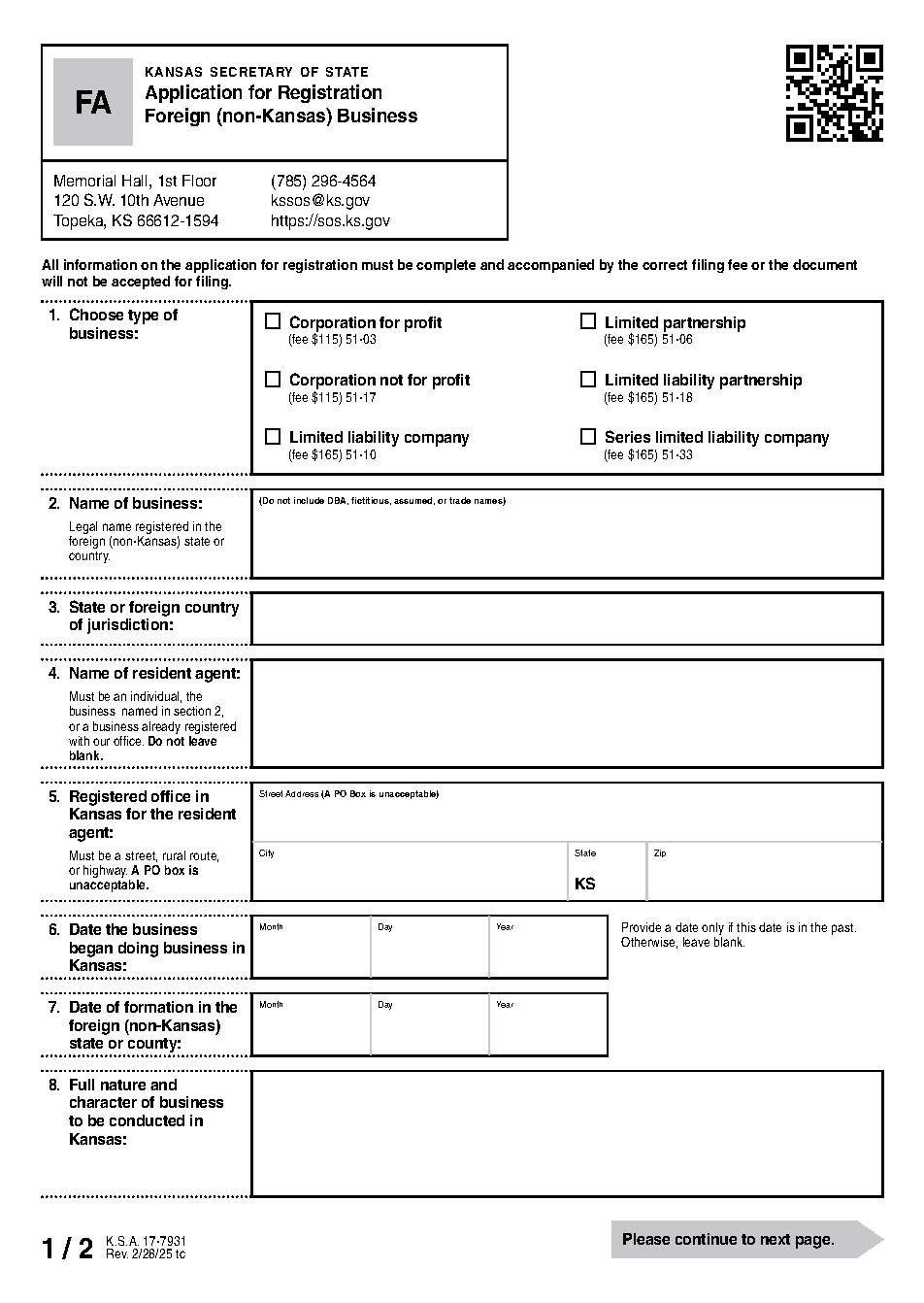 Registration Of Foreign Covered Entity {FA} | Pdf Fpdf Docx | Kansas