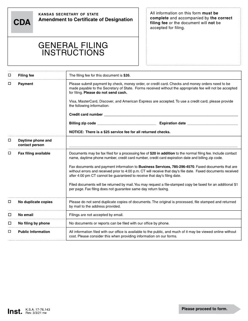 Amendment To Certificate Of Designation {CDA} | Pdf Fpdf Docx | Kansas