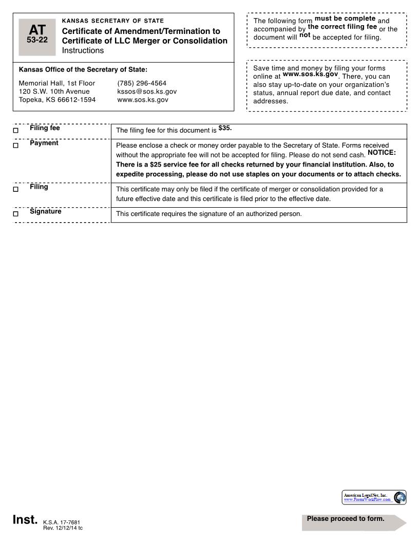 Certificate Of Amendment-Termination To Certificate Of LLC Merger Or Consolidation {AT} | Pdf Fpdf Docx | Kansas