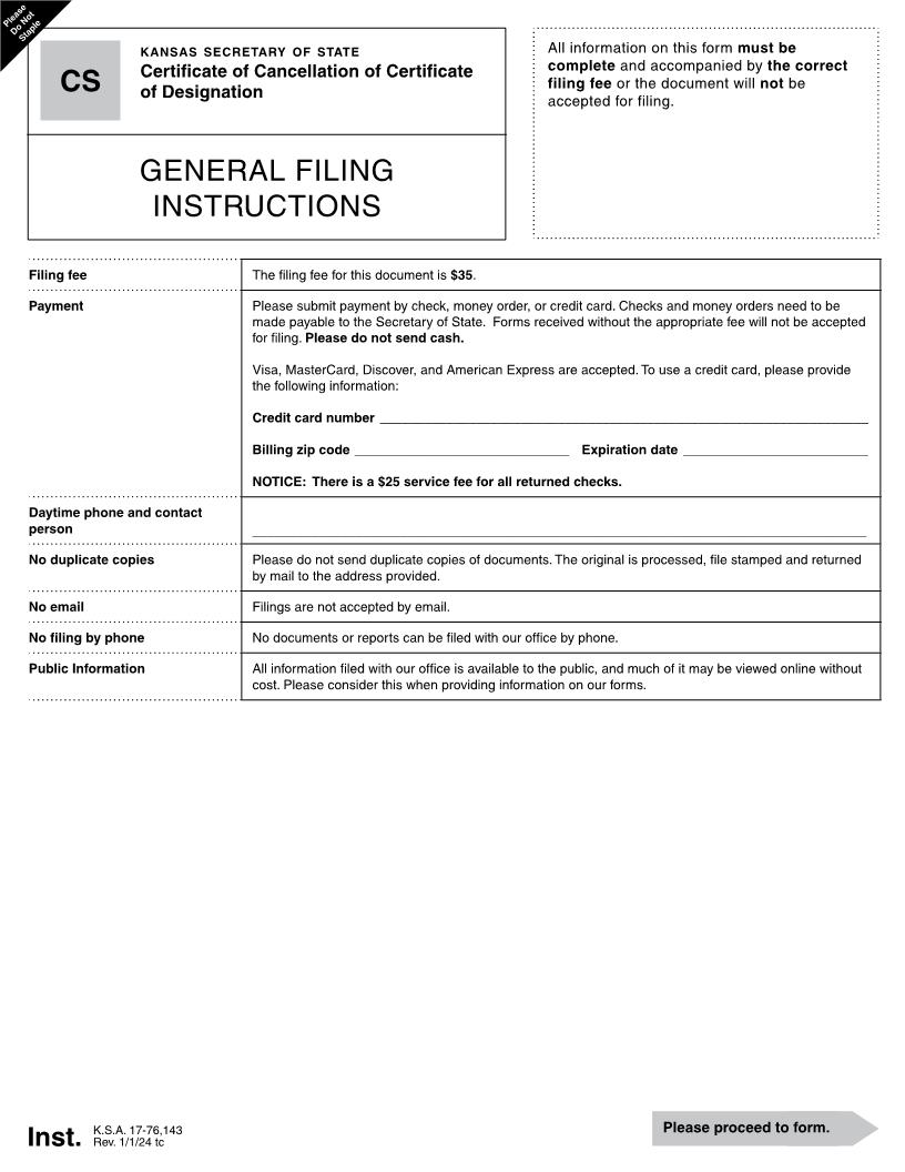 Certificate Of Cancellation Of Certificate Of Designation {CS} | Pdf Fpdf Docx | Kansas